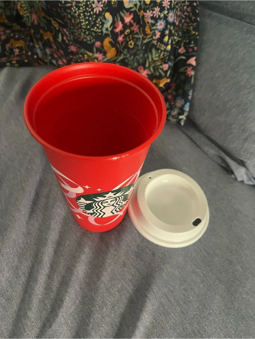 Red Starbucks cup with white swirls and stars 50th anniversary, lightweight